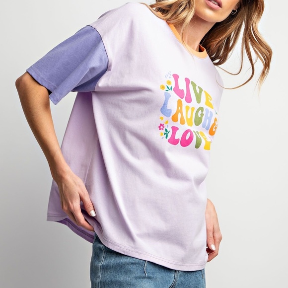 NEW EASEL LIVE LAUGH AND LOVE PRINT WASHED COTTON JERSEY TOP SHIRT SMALL PURPLE - Picture 2 of 4